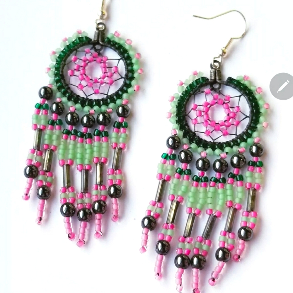 PowWow beadwork dream catcher dangle earrings